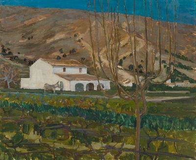 une peinture à l'huile représentant une maison blanche dans un champ, avec une montagne en arrière-plan