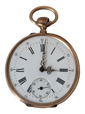 a gold pocket watch with roman numerals on the face