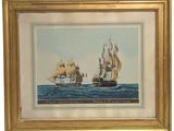 painting of two ships in the ocean with a sky in the background