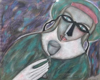 tableau représentant une femme portant un chapeau vert et des lunettes, tenant une cuillère