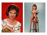 two pictures of a woman sitting on a stool and a woman sitting on a stool