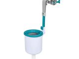 the toilet is white and blue with a green handle