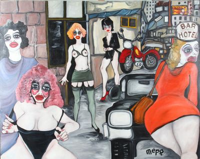 painting of a group of women in lingersuits in front of a car