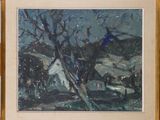 an image of a painting of a house and trees in a field