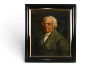 un vieux tableau représentant un homme vêtu d'un manteau vert et d'une chemise blanche