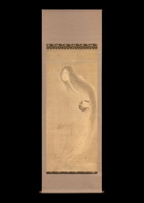 an oriental painting of a bird flying over a body of water