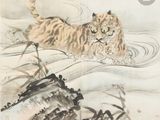 une image représentant un tableau où l'on voit un tigre nager dans un plan d'eau