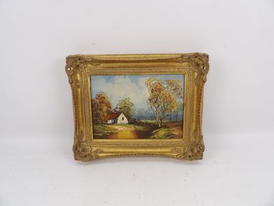 un tableau représentant une scène de campagne avec une maison blanche au loin