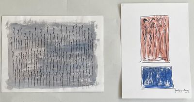 three paintings of different colors and shapes are hanging on a wall