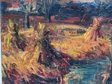 an oil painting of a landscape with a river and a windmill