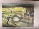 a picture of a painting of a bridge over a river