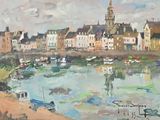 a painting of a harbor with boats in the water