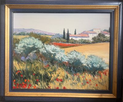 une peinture à l'huile représentant un paysage avec des coquelicots au premier plan