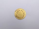 a close up of a gold coin on a white surface