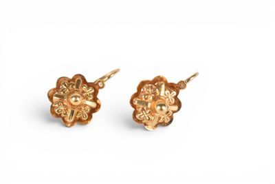 a pair of gold earrings on a white background