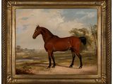 une peinture à l'huile représentant un cheval brun debout dans un champ