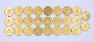 a lot of gold coins on a white surface
