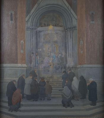 a painting of a group of people sitting in front of a church