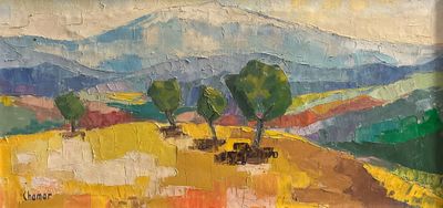 painting of a painting of a landscape with a mountain in the background