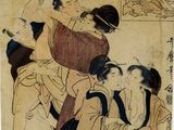 un vieux tableau représentant un groupe de personnes assises par terre