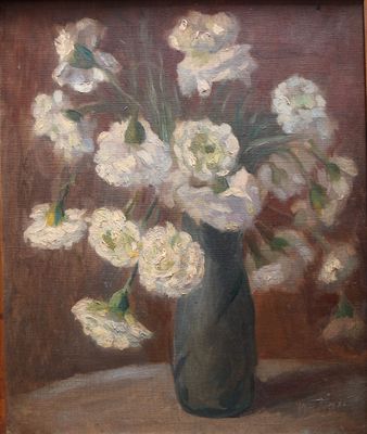 a painting of flowers in a vase on a table
