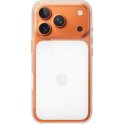 the back of an orange iphone 11 with a camera attached to it