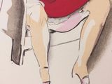 drawing of a woman in a red dress sitting on a chair