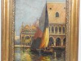 an oil painting of a sailboat in front of a building on the water