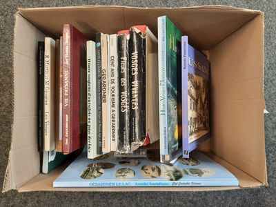 de nombreux livres dans une boîte en carton posée sur le sol