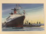a painting of a ship in the water with flags on it