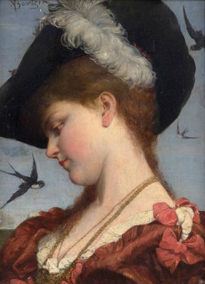 portrait d'une dame portant un chapeau noir et une robe rouge