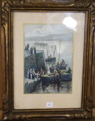 tableau encadré représentant une scène de port avec des personnes sur un bateau