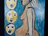un tableau représentant une femme debout devant un groupe de visages