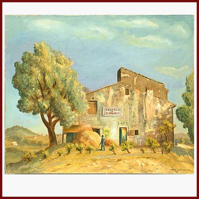 une peinture à l'huile représentant un homme passant devant un bâtiment à la campagne