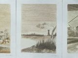 three drawings of a man riding a horse next to a body of water