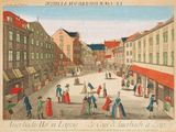 un vieux dessin représentant une scène de rue avec des gens qui marchent sur le trottoir