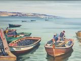 painting of a group of people standing next to boats on a body of water