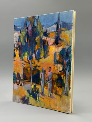 a painting of a book with a painting of people in the background