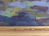 painting of a seagull sitting on a beach with a blue sky in the background