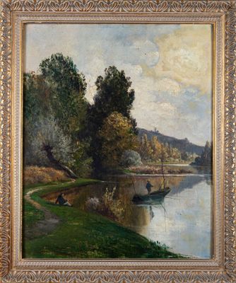 École vers 1900. "Pêcheurs avec barque", huile sur toile, no…