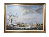 tableau représentant une scène hivernale avec une calèche tirée par un cheval et des personnes sur une rivière gelée