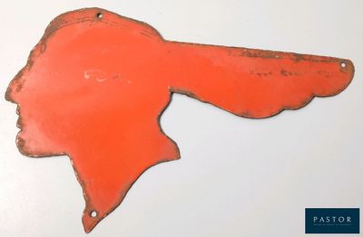 an image of a red metal bird head on a white surface