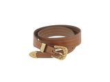 a close up of a brown belt with a gold buckle