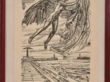 une image représentant un dessin d'un ange volant au-dessus d'une étendue d'eau