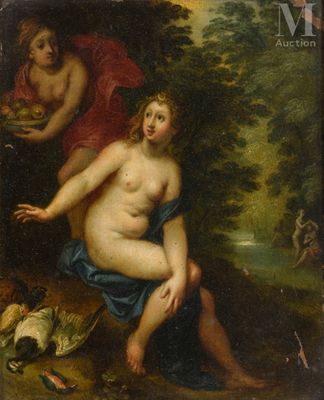 a painting of a naked woman sitting on a rock next to a bird