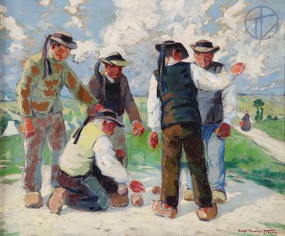 painting of a group of men playing a game of croquet on a dirt road