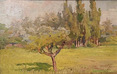 une peinture d'un champ avec des arbres en arrière-plan