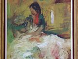 une peinture à l'huile représentant une femme en robe blanche assise sur un canapé
