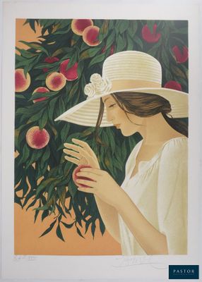 an image of a painting of a woman picking peachs from a tree