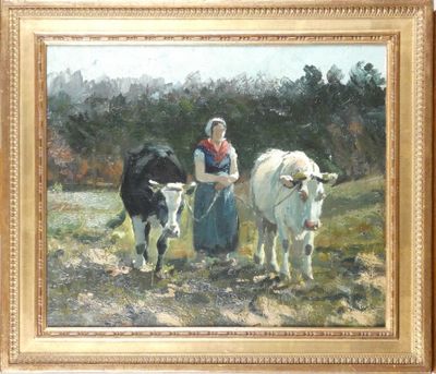 un tableau représentant une femme et deux vaches dans un champ